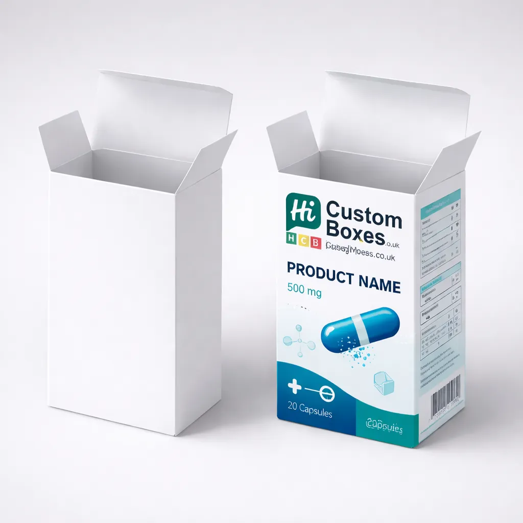 Two upright medicine boxes with open flaps, one plain white and one branded teal. class=